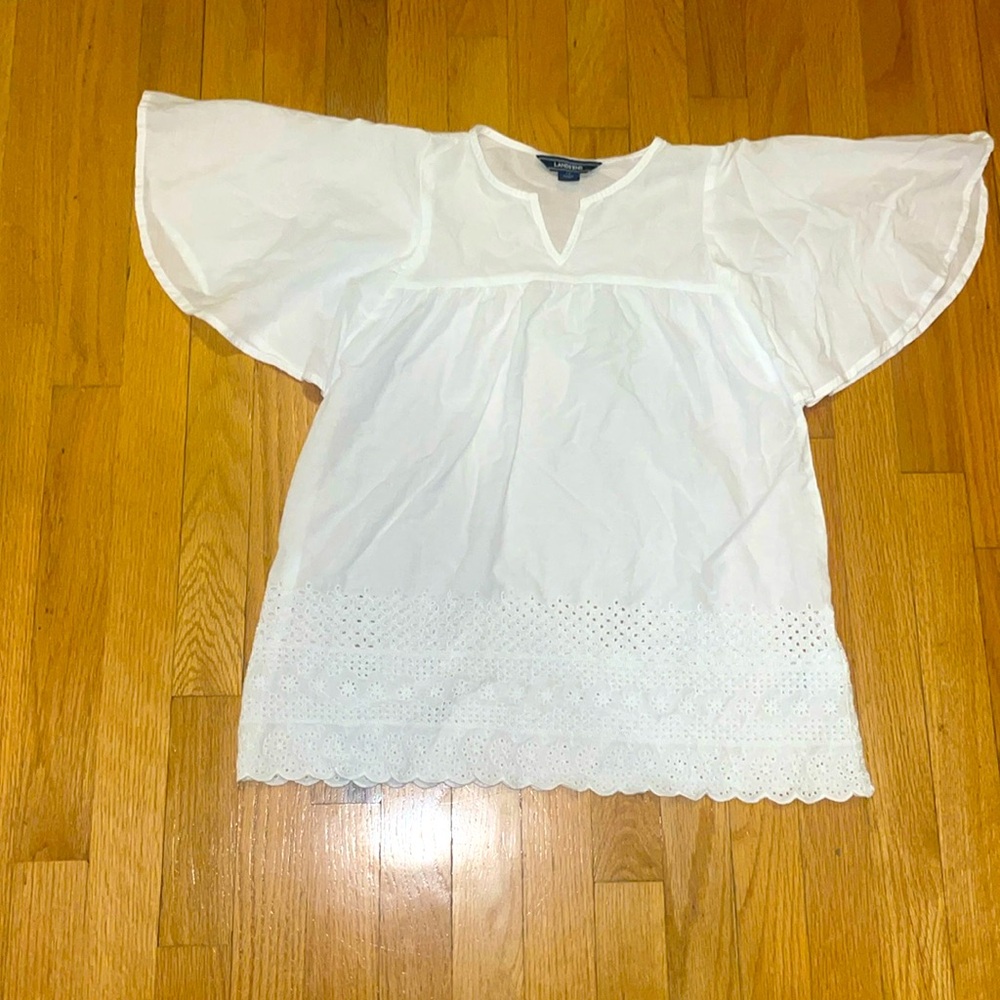 Land’s End S  7-8 Angel Sleeve White Cotton Eyelet Lace Tunic Shirt Top